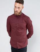 Asos Skinny Shirt In Burgundy With Grandad Collar And Gunmetal Popper
