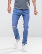 Bershka Skinny Jeans With Rips In Mid Wash - Blue