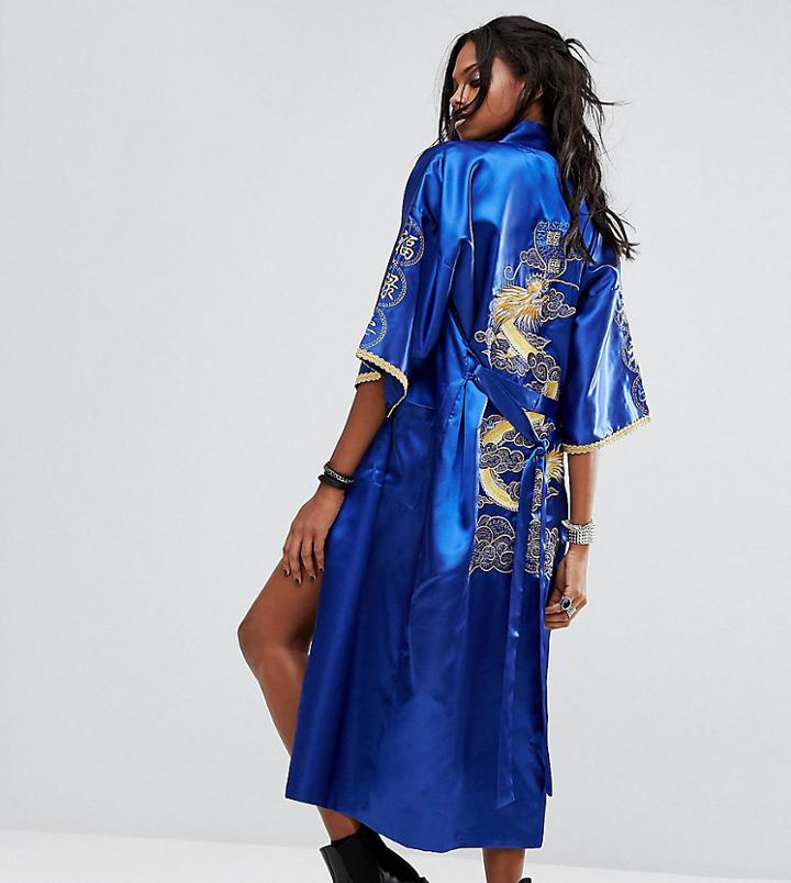 Reclaimed Vintage Inspired Kimono With Back Print And Sleeve Trim - Navy