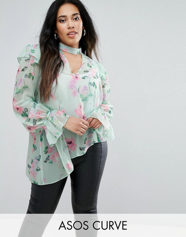 Asos Curve Floaty Blouse In Mint Floral With Neck Band - Multi