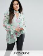 Asos Curve Floaty Blouse In Mint Floral With Neck Band - Multi
