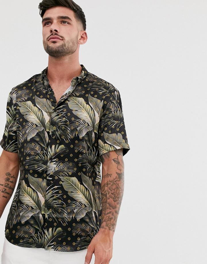 River Island Shirt With Palm Print In Navy & Gold