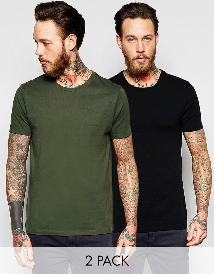 Asos T-shirt With Crew Neck In Black And Dark Green Save 17%