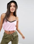 Asos Crop Top With Lace Trim & Toggle - Pink