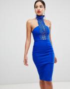 Rare High Neck Crochet Detail Pencil Dress - Blue