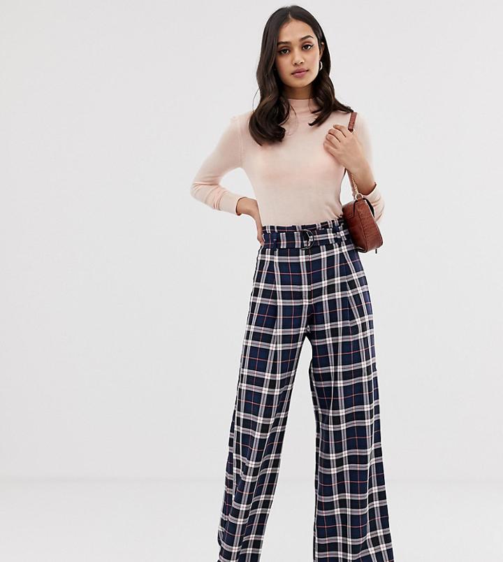 Miss Selfridge Wide Leg Pants With Belt In Blue Check