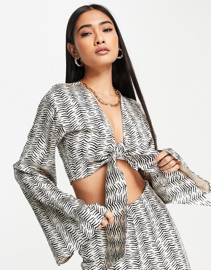 4th & Reckless Tie Front Satin Shirt In Zebra Print - Part Of A Set-multi