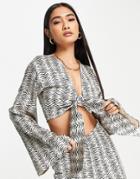 4th & Reckless Tie Front Satin Shirt In Zebra Print - Part Of A Set-multi