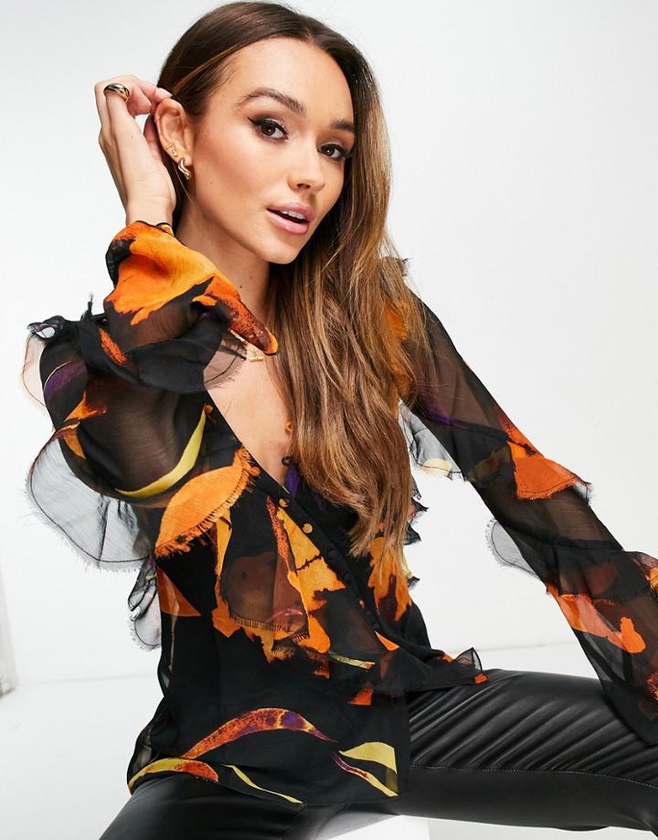 Asos Design V Neck Ruffle Blouse With Frill Detail And Button Edge In Floral Print-multi