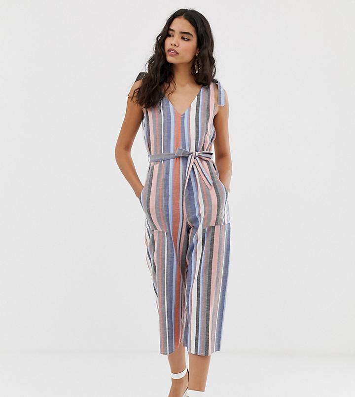 Miss Selfridge Linen Jumpsuit With Tie Shoulders In Stripe - Multi