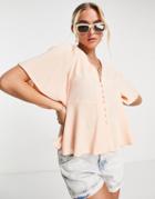 Asos Design Button Front Tee Blouse With Flutter Sleeve In Peach-orange