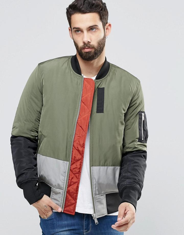 Asos Cut And Sew Bomber Jacket With Ma1 Pocket In Khaki - Khaki