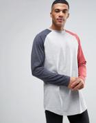 Asos Super Longline Long Sleeve T-shirt With Contrast Raglan And Curved Hem - Gray