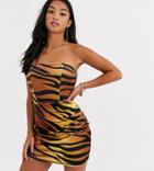John Zack Petite Velvet Bandeau Micro Mini Dress In Zebra Print-multi