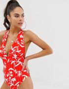 Asos Design Fuller Bust Plunge Swimsuit Flamenco Floral Stripe Print Dd-g - Red