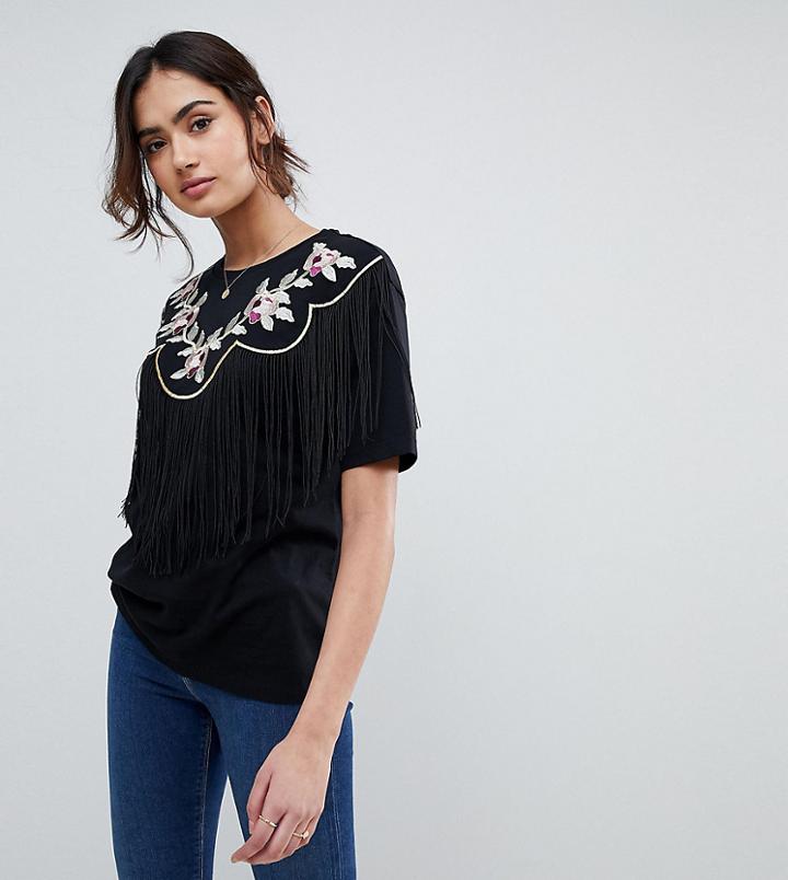 Asos Tall T-shirt With Embroidered Yoke And Fringe Detail - Black