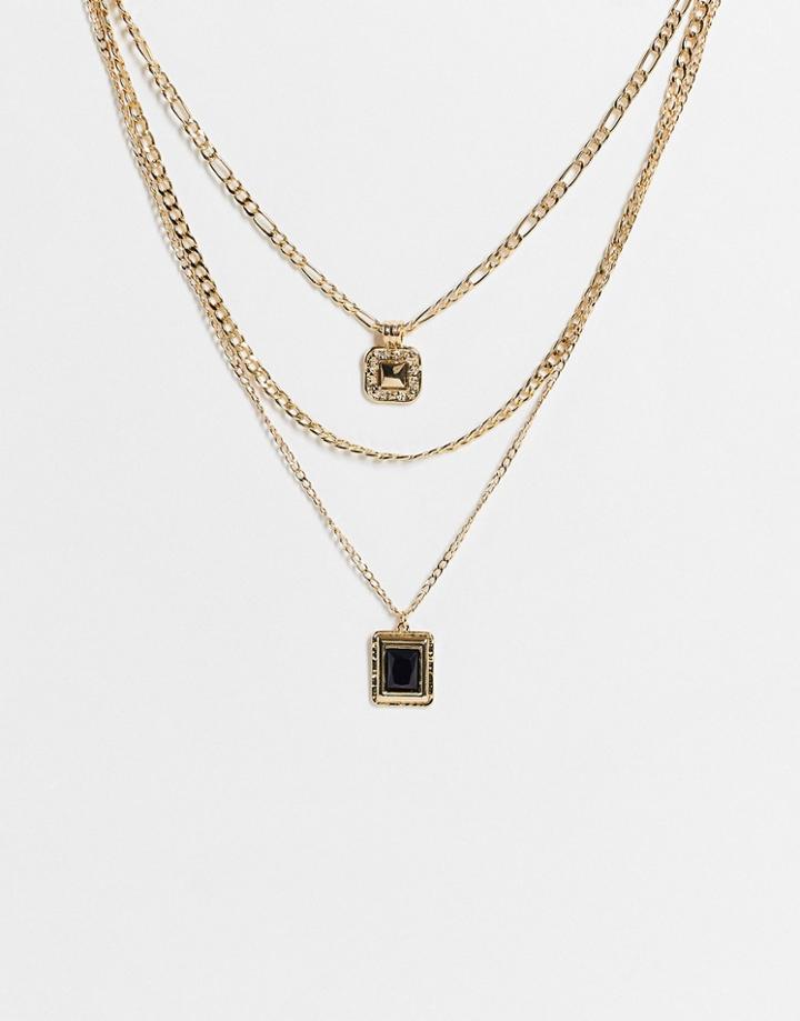 Topshop Black Stone Pendant Multirow Necklace In Gold