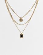 Topshop Black Stone Pendant Multirow Necklace In Gold