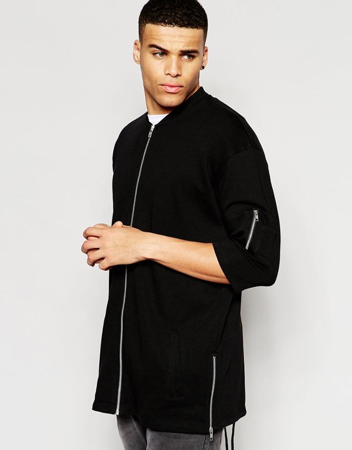 Asos Oversized Jersey Bomber Jacket With Zips & Drawstring Hem - Black