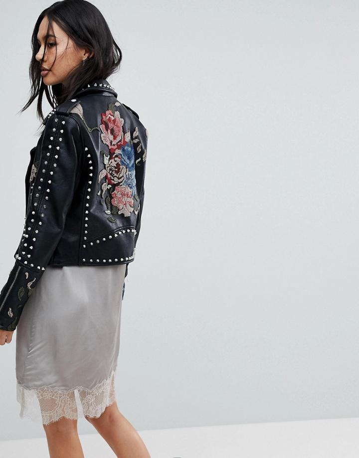 Blank Nyc Embroidered Studded Biker Jacket - Black
