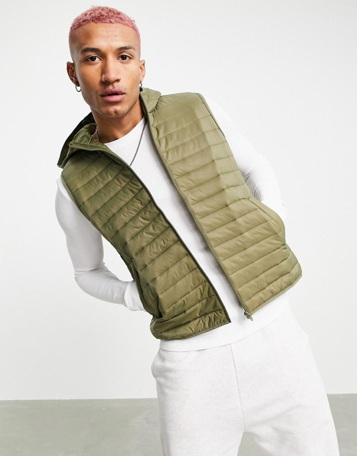 Asos Design Quilted Liner Vest With Hood In Khaki-green