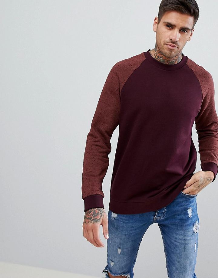 Asos Design Sweatshirt In Burgundy With Interest Fabric Raglan Sleeves - Red