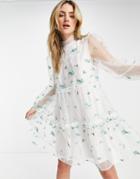 Sister Jane Mini Smock Dress With Sheer Overlay And Embroidered Flowers-white