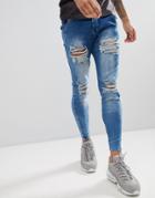 Siksilk Muscle Fit Jeans In Acid Blue With Distressing - Blue