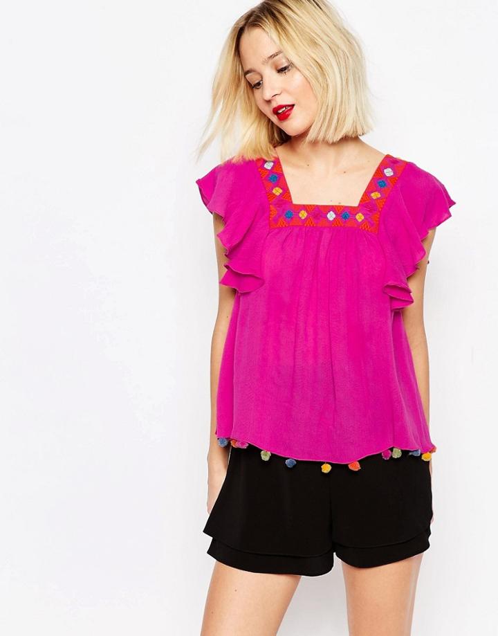Piper Reynosa Ruffle Top With Pom Poms - Fuchsia