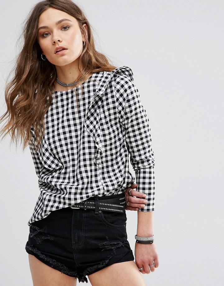 New Look Gingham Ruffle Blouse - White