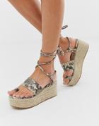 Public Desire Calypso Snake Flatform Toe Loop Espadrilles-beige