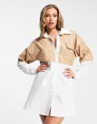 Rebellious Fashion Faux Leather Panel Shirt Dress In Stone-neutral