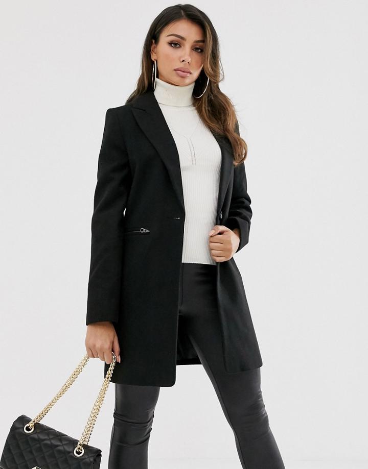 Asos Design Boyfriend Coat With Zip Pockets In Black - Black