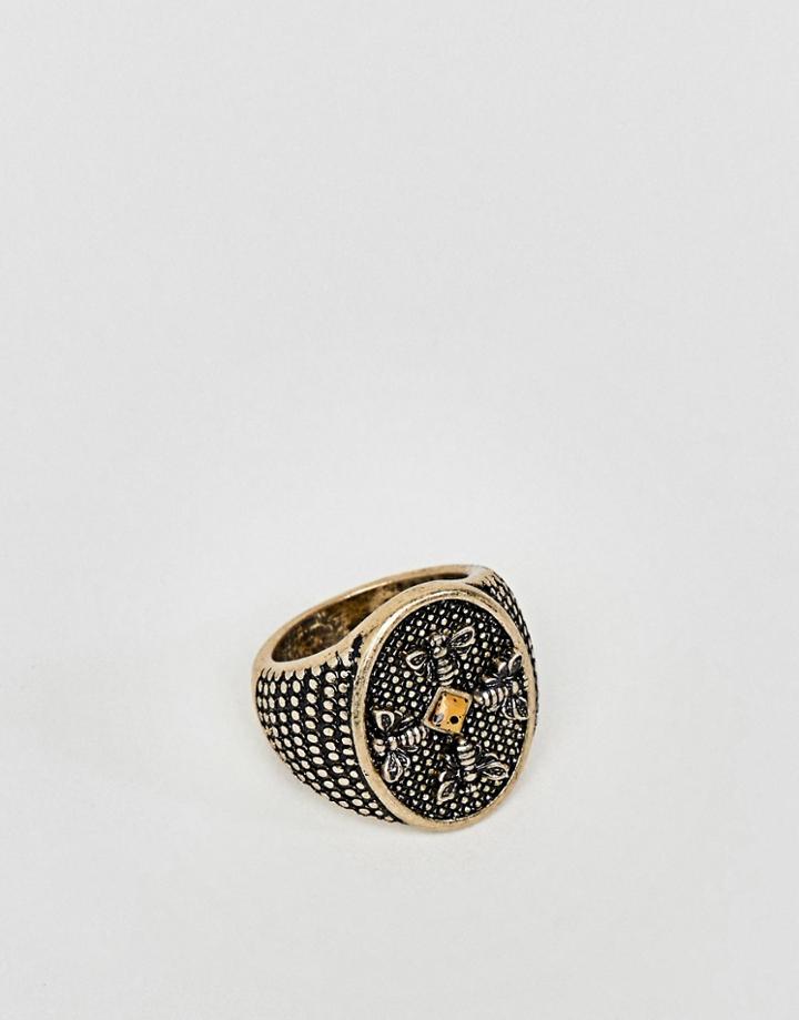 Asos Chunky Embossed Signet Ring With Stone In Burnished Gold - Gold