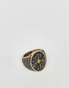 Asos Chunky Embossed Signet Ring With Stone In Burnished Gold - Gold