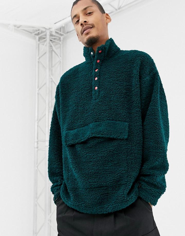 Asos Design Oversized Sweatshirt With Popper Neck In Borg Green - Green