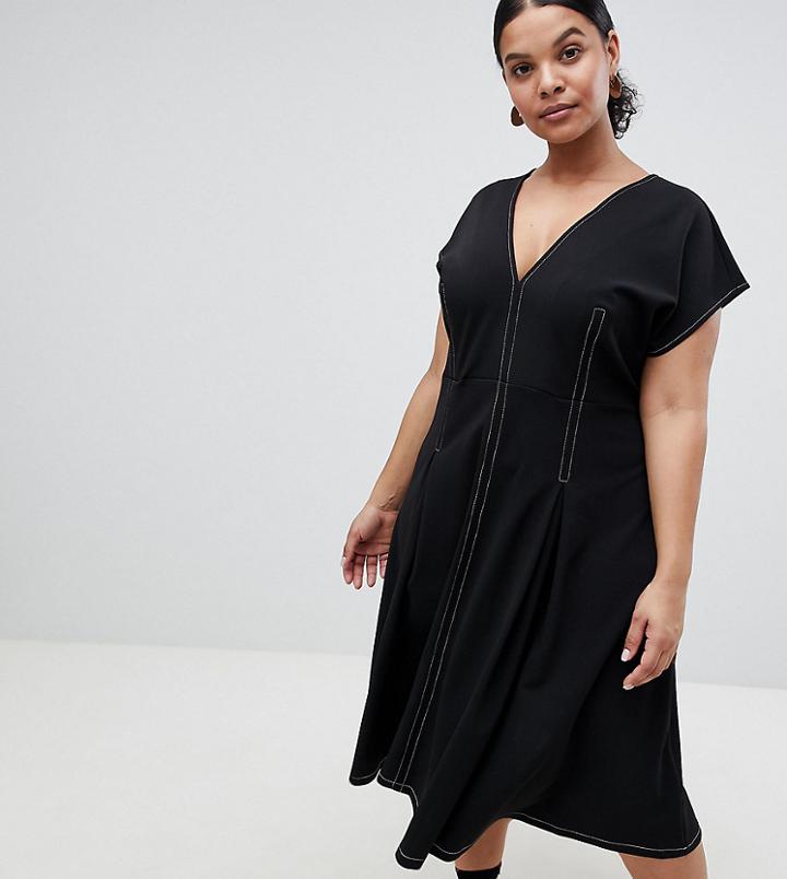 Asos Design Curve Fit And Flare Midi Dress With Contrast Stitching - Black