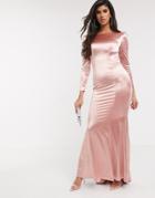 Bariano Slinky Sheen Long Sleeve Maxi Dress In Rose Gold-pink