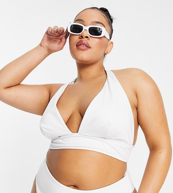 Asos Design Curve Recycled Mix And Match Halter Plunge Bikini Top In White