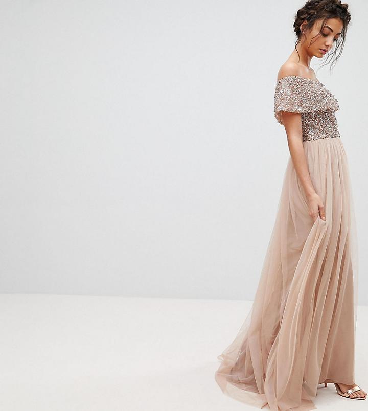 Maya Tall Bardot Sequin Top Tulle Detail Dress With High Low Hem - Brown