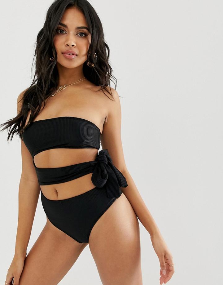 River Island Tie Bandeau Swimsuit In Black