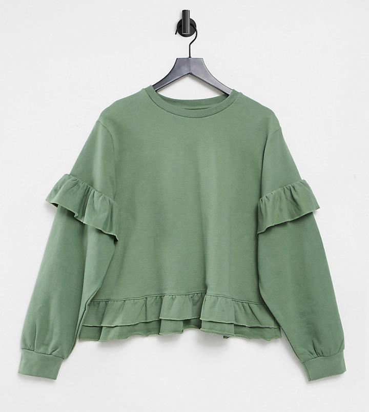 Influence Plus Ruffle Hem Sweater In Soft Khaki - Part Of A Set-green