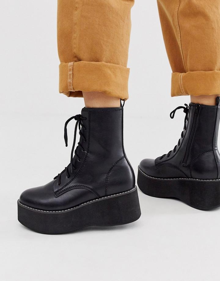 Truffle Collection Chunky Lace Up Ankle Boot In Black