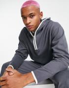 Asos Design Oversized Hoodie With Contrast Piping In Dark Gray - Part Of A Set-blue