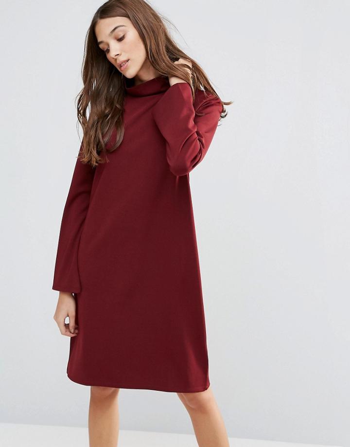 Neon Rose Flared Turtleneck Dress - Red