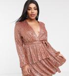 John Zack Plus Sequin Plunge Front Skater Dress In Rose Gold