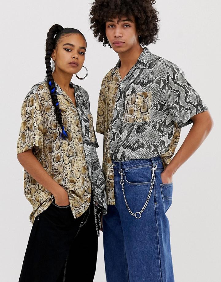 Collusion Unisex Mixed Snakeprint Shirt - Beige