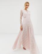 Asos Design Maxi Dress With Long Sleeve And Lace Paneled Bodice - Pink