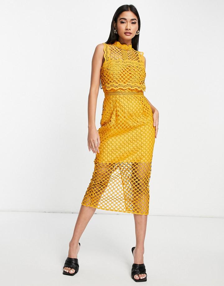 Asos Design Structured Lace Pencil Dress With High Neck-yellow