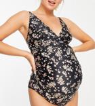 Peek & Beau Maternity Exclusive Plunge Swimsuit With Scallop Detailing In Black Base Floral-multi